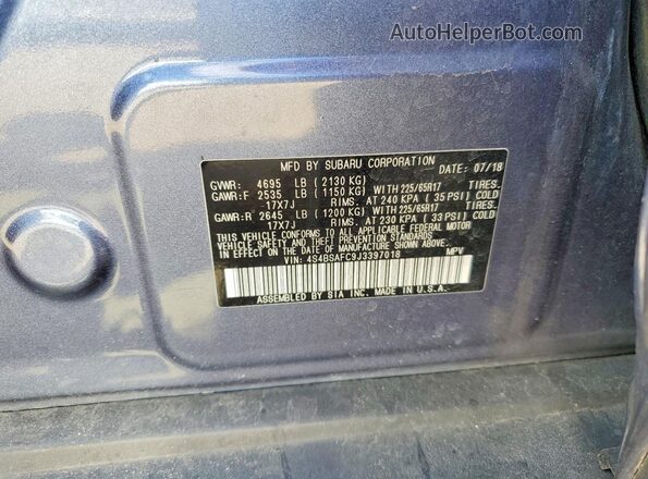 4S4BSAFC9J3397018 2018 SUBARU OUTBACK Blue Вид наклейки з VIN-кодом