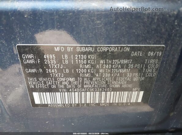 4S4BSAFC9K3382603 2019 SUBARU OUTBACK Blue ძრავის განყოფილების ხედი