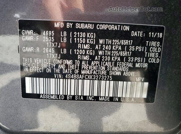 4S4BSAFCXK3273275 2019 SUBARU OUTBACK Charcoal 