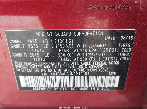 4S4BSAHC1K3210157 2019 SUBARU OUTBACK Burgundy Widok komory silnika