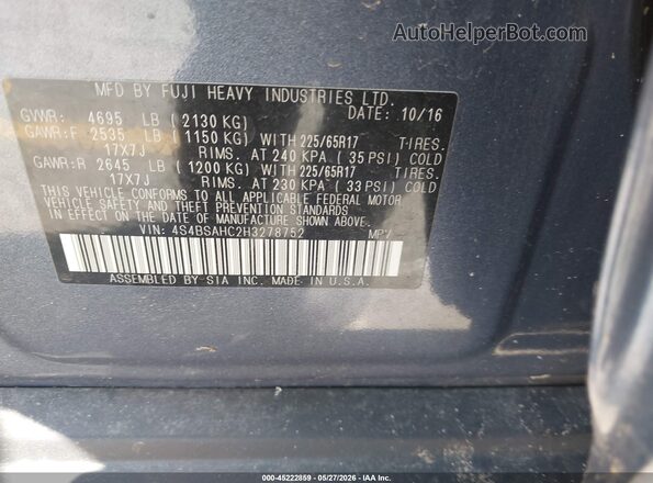 4S4BSAHC2H3278752 2017 SUBARU OUTBACK Blue Engine compartment view