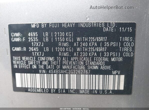 4S4BSAHC3G3262767 2016 SUBARU OUTBACK Silver ძრავის განყოფილების ხედი