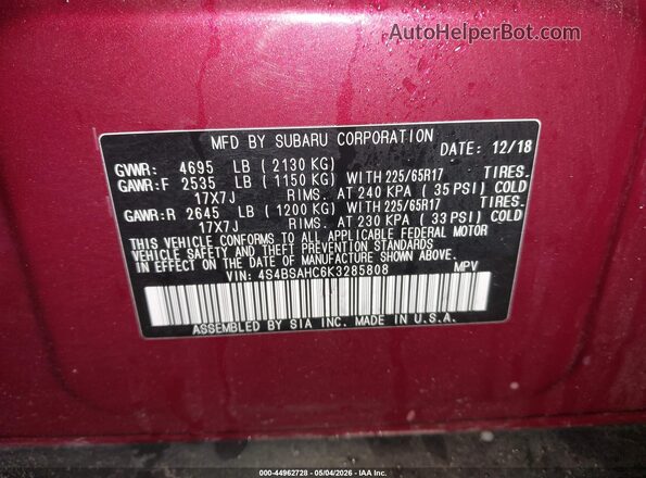 4S4BSAHC6K3285808 2019 SUBARU OUTBACK Red ძრავის განყოფილების ხედი
