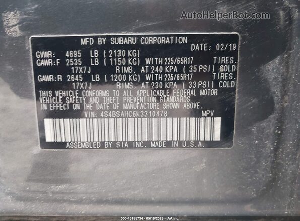 4S4BSAHC6K3310478 2019 SUBARU OUTBACK Blue Շարժիչի բաժամունքի տեսք