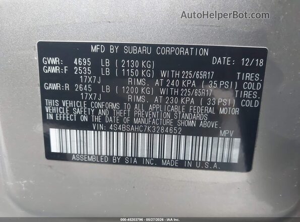 4S4BSAHC7K3284652 2019 SUBARU OUTBACK Champagne ძრავის განყოფილების ხედი