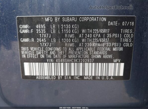 4S4BSAHC9K3202937 2019 SUBARU OUTBACK Blue Widok komory silnika
