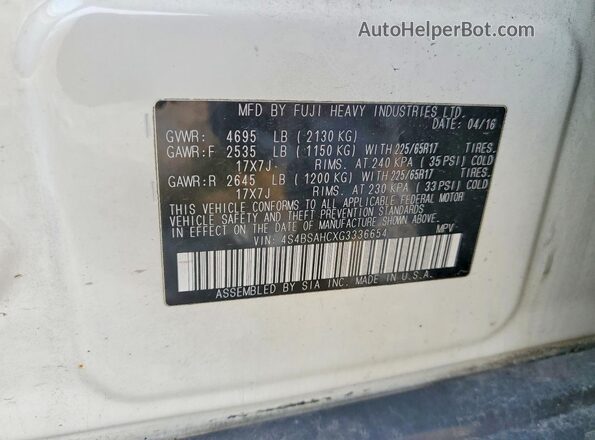 4S4BSAHCXG3336654 2016 SUBARU OUTBACK Белый Вид подкапотного пространства