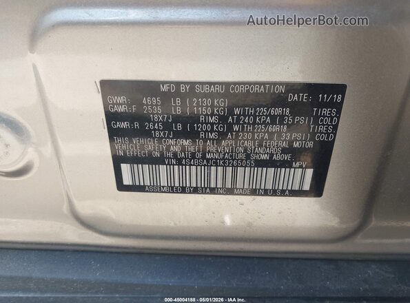 4S4BSAJC1K3265055 2019 SUBARU OUTBACK Gold Engine compartment view