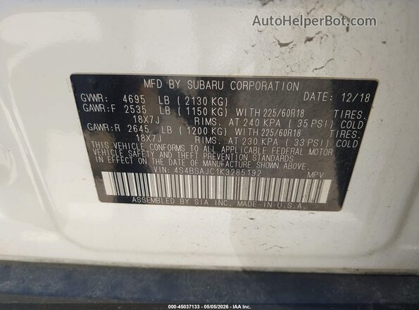 4S4BSAJC1K3285192 2019 SUBARU OUTBACK White ძრავის განყოფილების ხედი