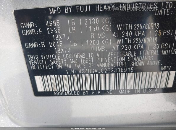 4S4BSAJC2G3306915 2016 SUBARU OUTBACK Silver Вид підкапотного простору