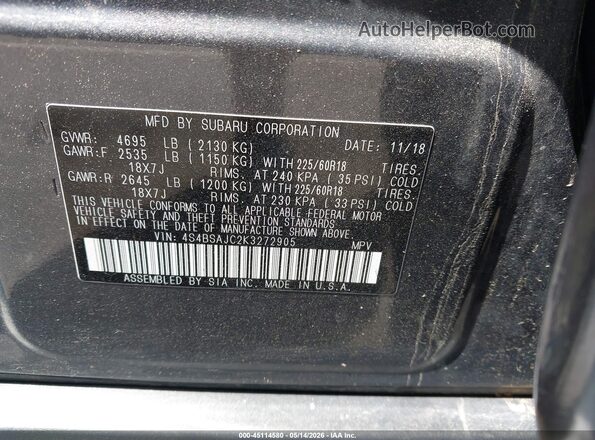 4S4BSAJC2K3272905 2019 SUBARU OUTBACK Gray Vista del compartimento del motor