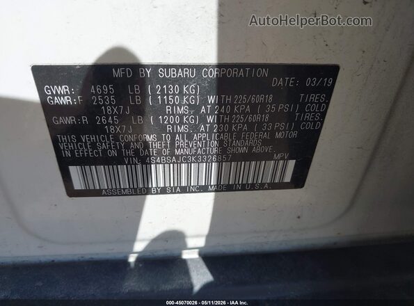 4S4BSAJC3K3326857 2019 SUBARU OUTBACK White Widok komory silnika