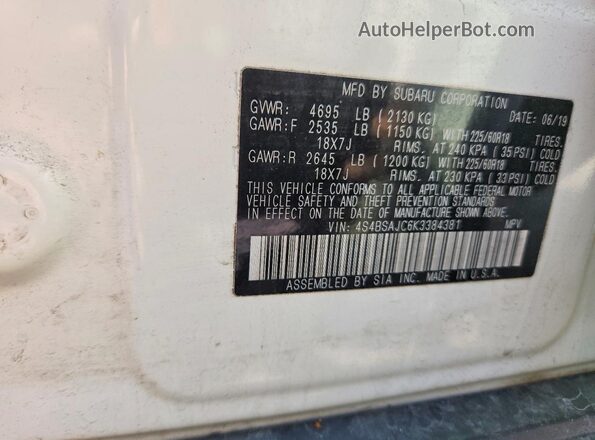 4S4BSAJC6K3384381 2019 SUBARU OUTBACK Белый Панорамный вид салона 360°