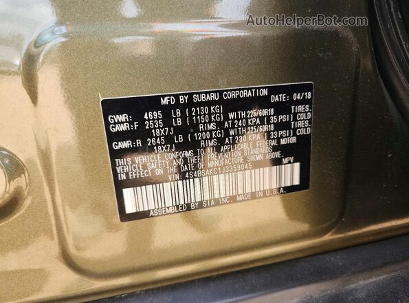 4S4BSAKC1J3359045 2018 SUBARU OUTBACK Green 360 interior view