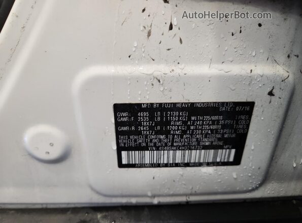 4S4BSAKC4H3216732 2017 SUBARU OUTBACK White VIN კოდის სტიკერის ხედი