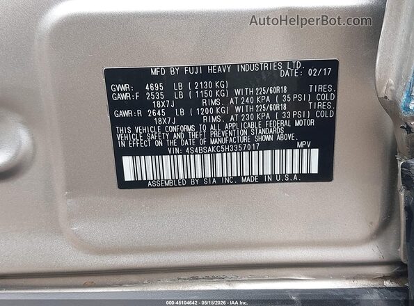 4S4BSAKC5H3357017 2017 SUBARU OUTBACK Brown ძრავის განყოფილების ხედი