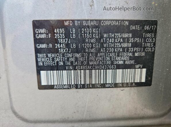 4S4BSAKC9H3437663 2017 SUBARU OUTBACK Silver 