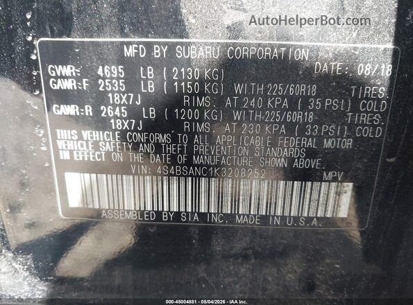 4S4BSANC1K3208252 2019 SUBARU OUTBACK Black 