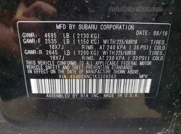4S4BSANC1K3208560 2019 SUBARU OUTBACK Black VIN კოდის სტიკერის ხედი