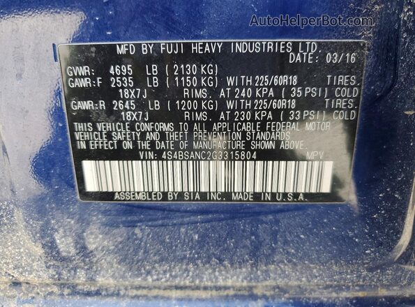 4S4BSANC2G3315804 2016 SUBARU OUTBACK Blue Vista del compartimento del motor