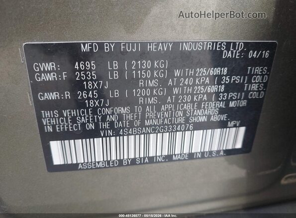 4S4BSANC2G3334076 2016 SUBARU OUTBACK Green Engine compartment view