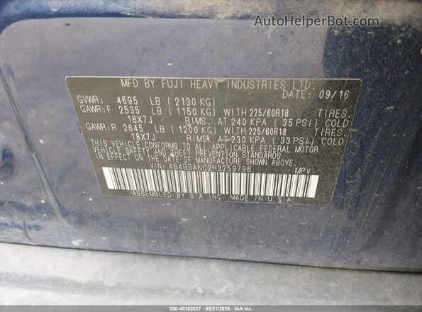 4S4BSANC2H3259798 2017 SUBARU OUTBACK Синий Вид подкапотного пространства
