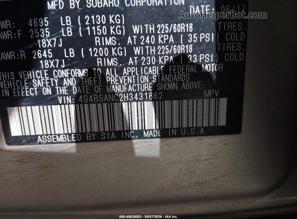 4S4BSANC2H3431862 2017 SUBARU OUTBACK Gold 