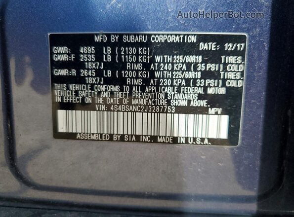 4S4BSANC2J3287753 2018 SUBARU OUTBACK Blue 