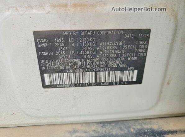 4S4BSANC2K3286734 2019 SUBARU OUTBACK White 