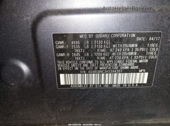 4S4BSANC3H3394207 2017 SUBARU OUTBACK Blue Vista del compartimento del motor