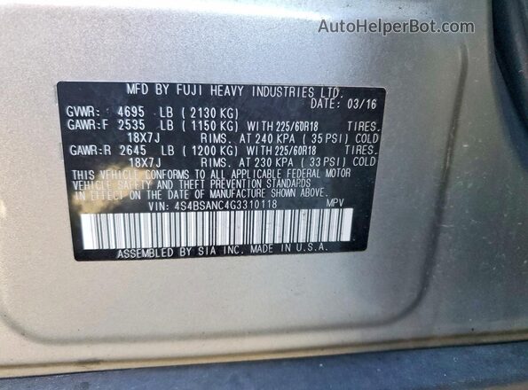 4S4BSANC4G3310118 2016 SUBARU OUTBACK Silver Widok komory silnika