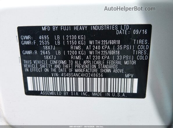 4S4BSANC4H3248656 2017 SUBARU OUTBACK White Widok komory silnika