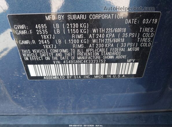 4S4BSANC4K3323752 2019 SUBARU OUTBACK Blue 