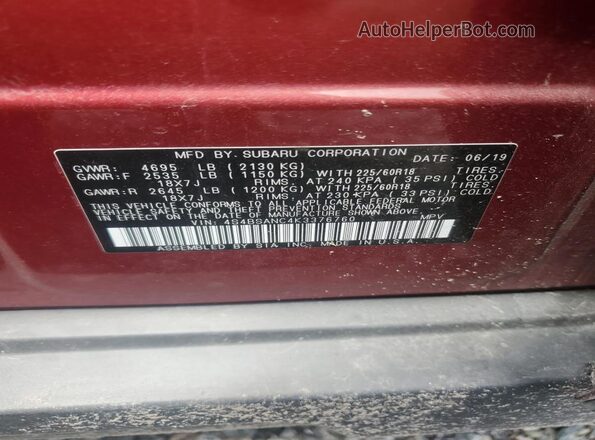 4S4BSANC4K3376760 2019 SUBARU OUTBACK Red VIN կոդի պիտակի տեսք