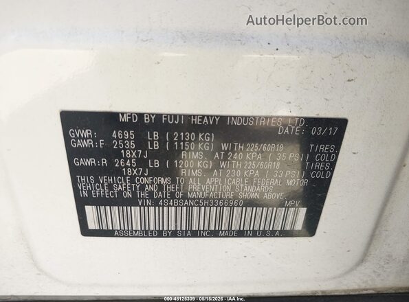 4S4BSANC5H3366960 2017 SUBARU OUTBACK White Vista del compartimento del motor