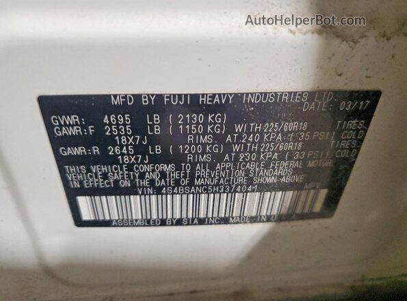 4S4BSANC5H3374041 2017 SUBARU OUTBACK White Вид підкапотного простору