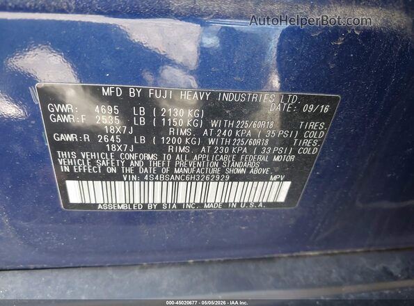 4S4BSANC6H3262929 2017 SUBARU OUTBACK Blue Widok komory silnika