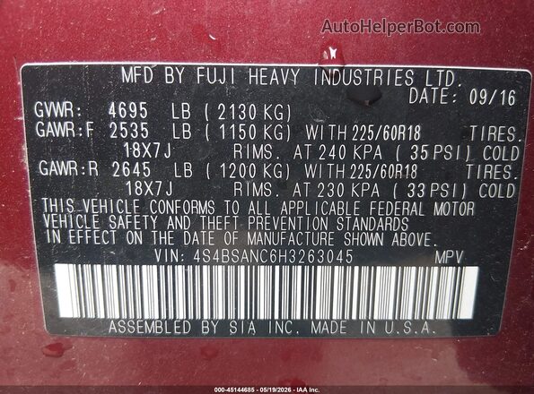 4S4BSANC6H3263045 2017 SUBARU OUTBACK Red Շարժիչի բաժամունքի տեսք