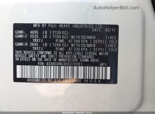 4S4BSANC6H3379281 2017 SUBARU OUTBACK White Engine compartment view