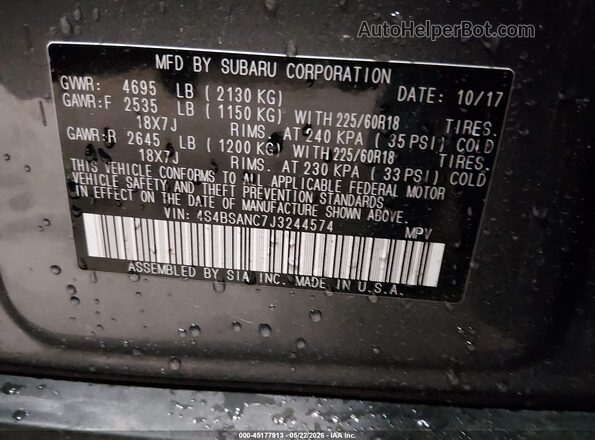 4S4BSANC7J3244574 2018 SUBARU OUTBACK Серый Вид подкапотного пространства