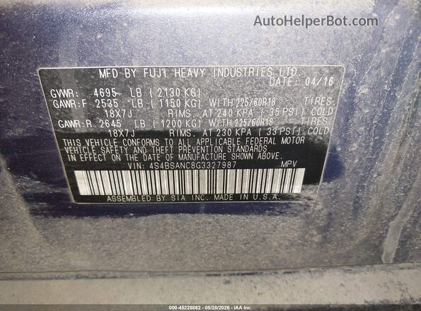 4S4BSANC8G3327987 2016 SUBARU OUTBACK Light Blue ძრავის განყოფილების ხედი