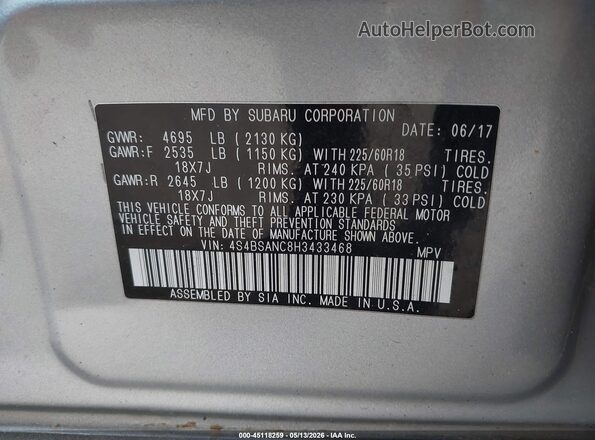4S4BSANC8H3433468 2017 SUBARU OUTBACK Silver Вид підкапотного простору