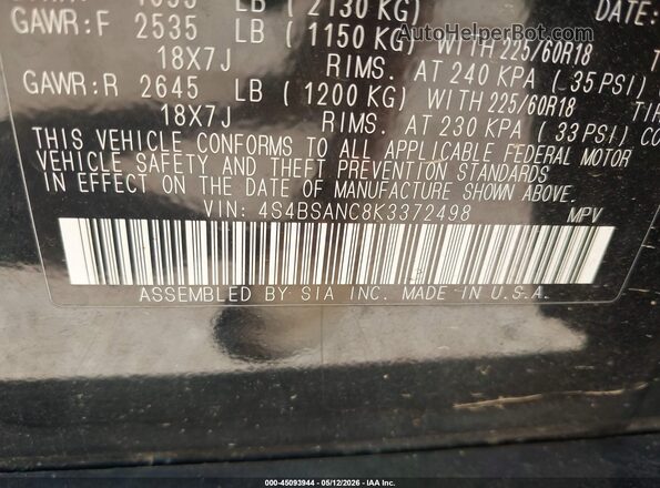 4S4BSANC8K3372498 2019 SUBARU OUTBACK Black Engine compartment view