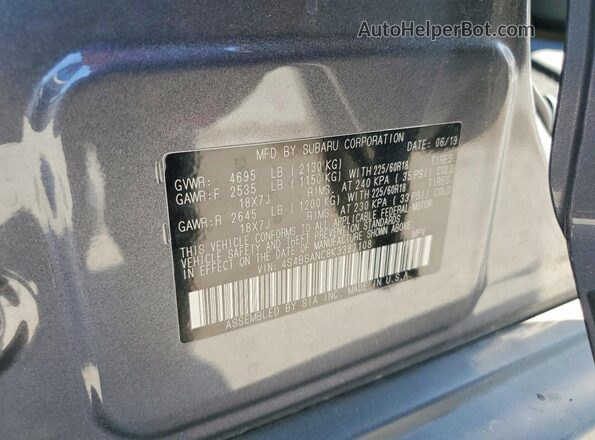4S4BSANC8K3382108 2019 SUBARU OUTBACK Gray Панорамний вид салону 360°