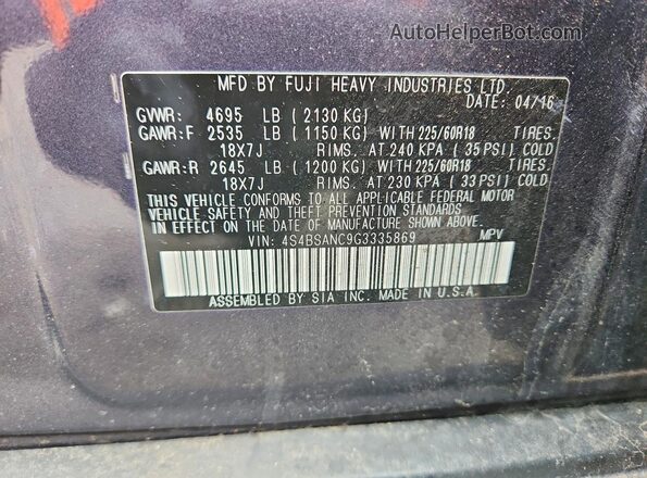 4S4BSANC9G3335869 2016 SUBARU OUTBACK Gray Շարժիչի բաժամունքի տեսք