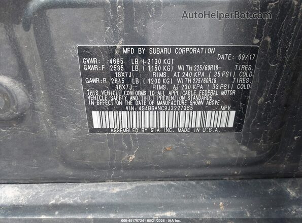 4S4BSANC9J3227355 2018 SUBARU OUTBACK Серый Вид подкапотного пространства
