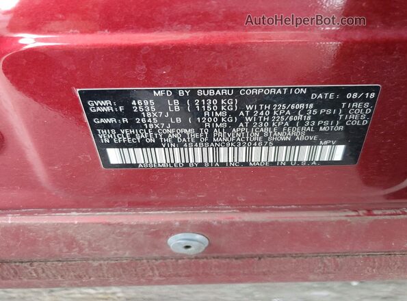 4S4BSANC9K3204675 2019 SUBARU OUTBACK Red ძრავის განყოფილების ხედი