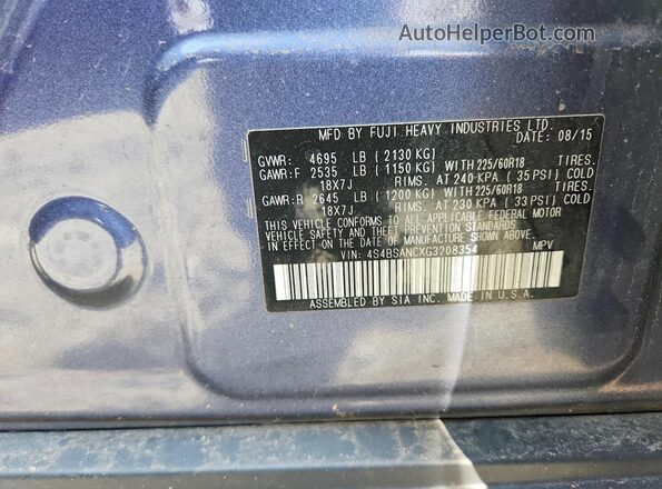 4S4BSANCXG3208354 2016 SUBARU OUTBACK Blue Engine compartment view