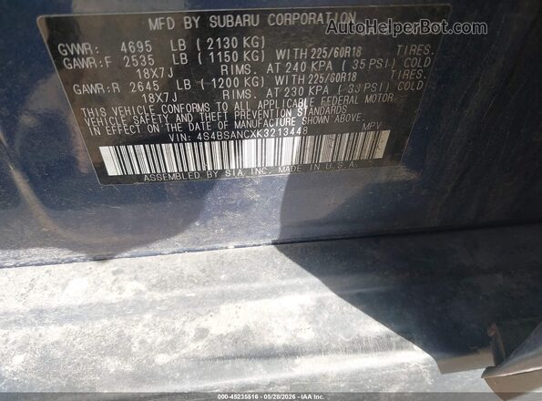 4S4BSANCXK3213448 2019 SUBARU OUTBACK Blue ძრავის განყოფილების ხედი