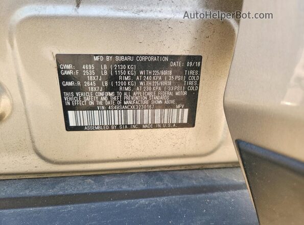 4S4BSANCXK3230167 2019 SUBARU OUTBACK Beige Vista de la etiqueta del VIN